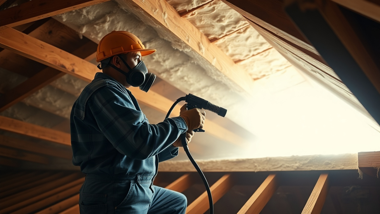 Technician spray-applying closed-cell spray foam insulation to a roof deck in an Odessa, Texas attic
